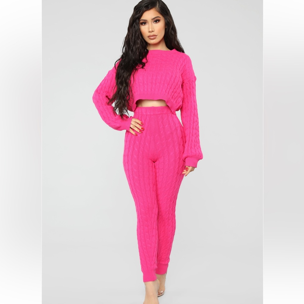 Fashion Nova: Sweater Sweetie Pant Set - Neon Pink